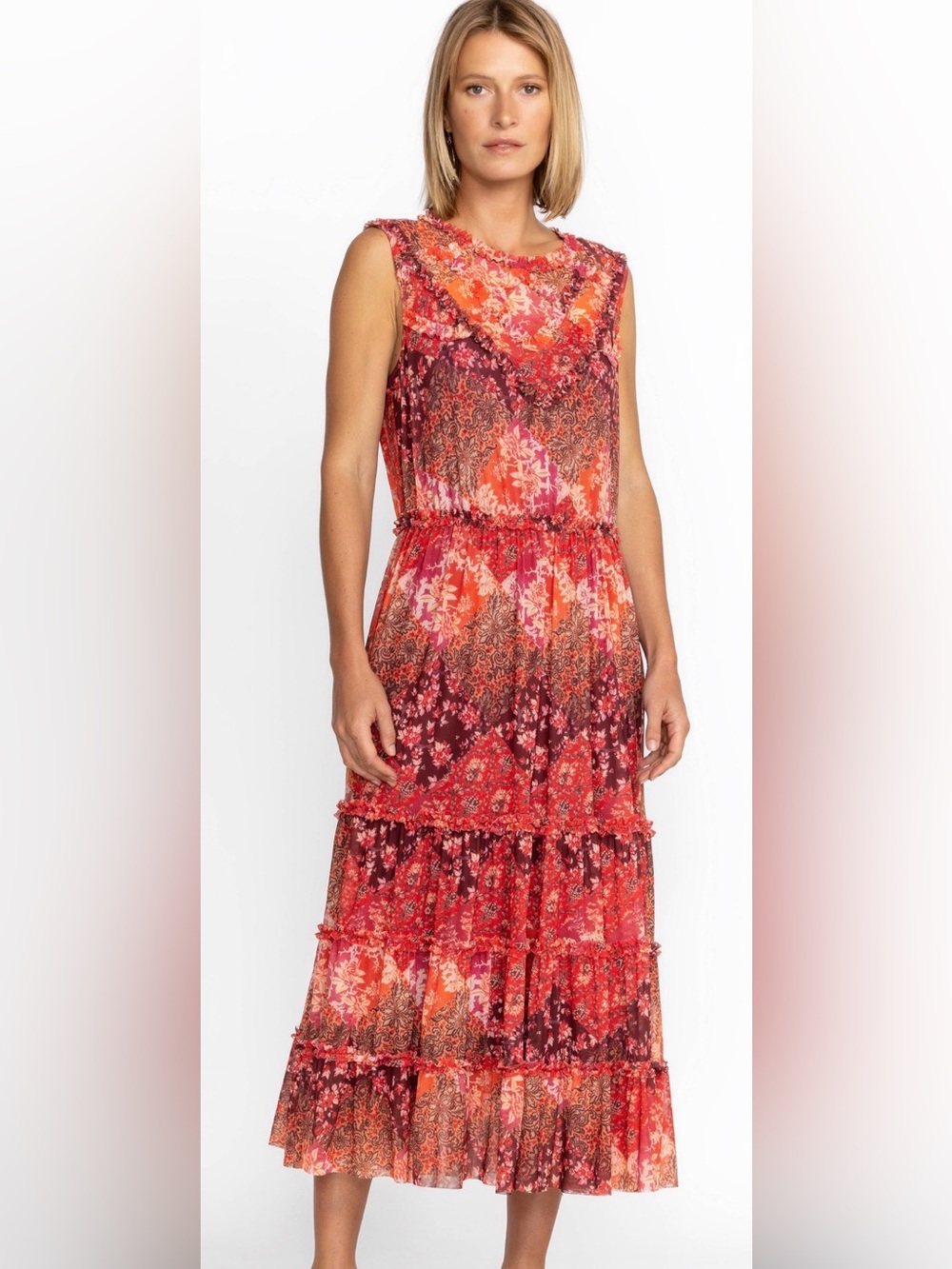 Johnny Was Red and Pink Floral Tiered Maxi Dress